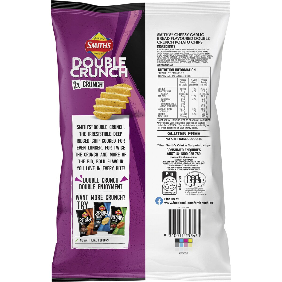 Smith's Double Crunch Potato Chips Share Pack Garlic Bread 150g