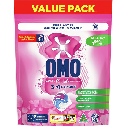 Omo With A Touch Of Comfort Laundry Capsules 3 In 1 50 Pack