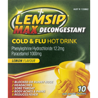 Lemsip Max Cold & Flu Hot Drink Lemon Decongestant With Paracetamol 10 Pack