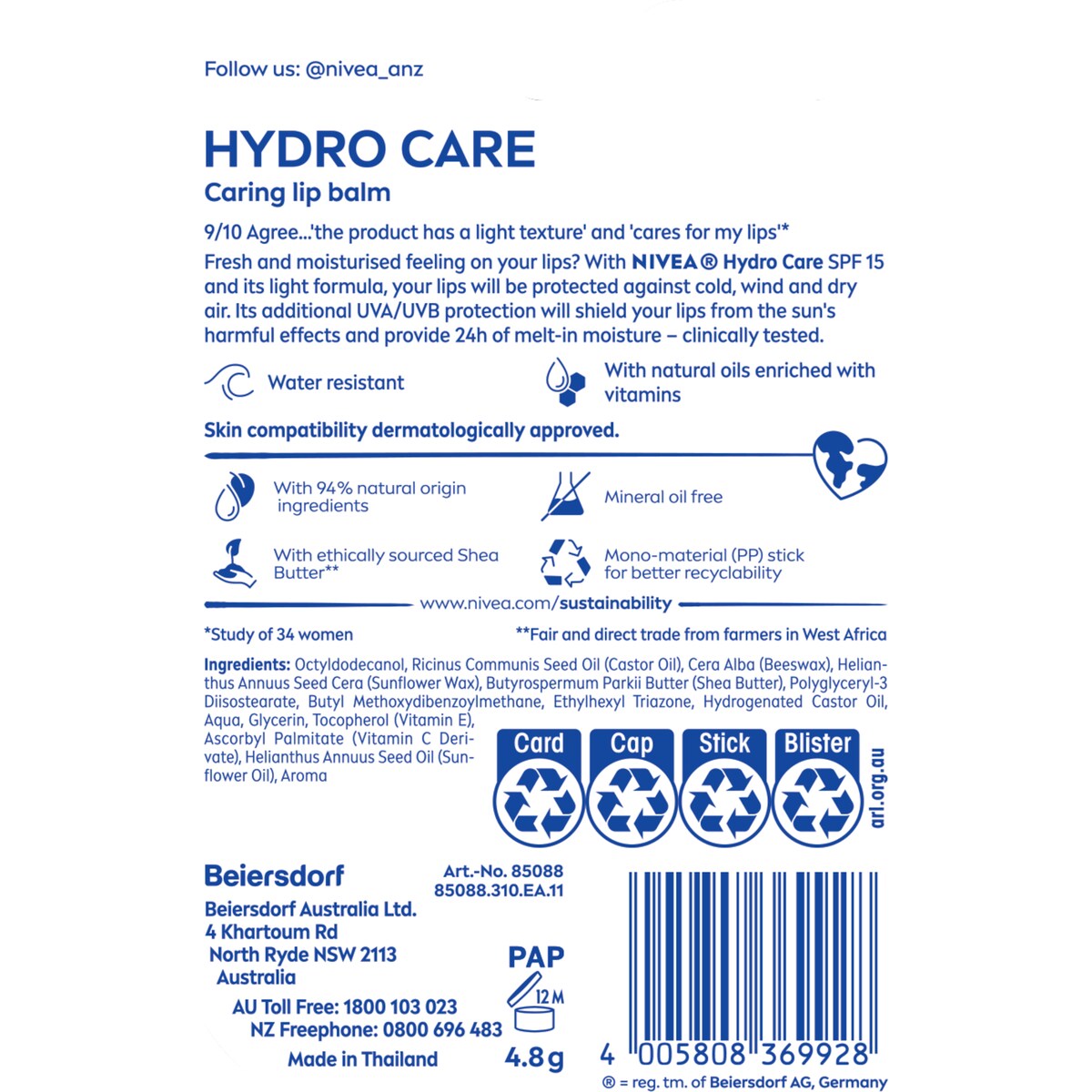 Nivea Lip Hydrocare Lip Balm With Spf15 For Dry & Cracked Lips 4.8g