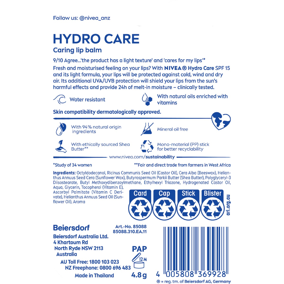 Nivea Hydrocare Lip Balm Spf 15 4.8g