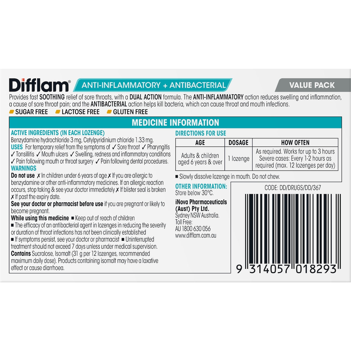 Difflam Dual Action Antibacterial Honey Lemon 32 Pack