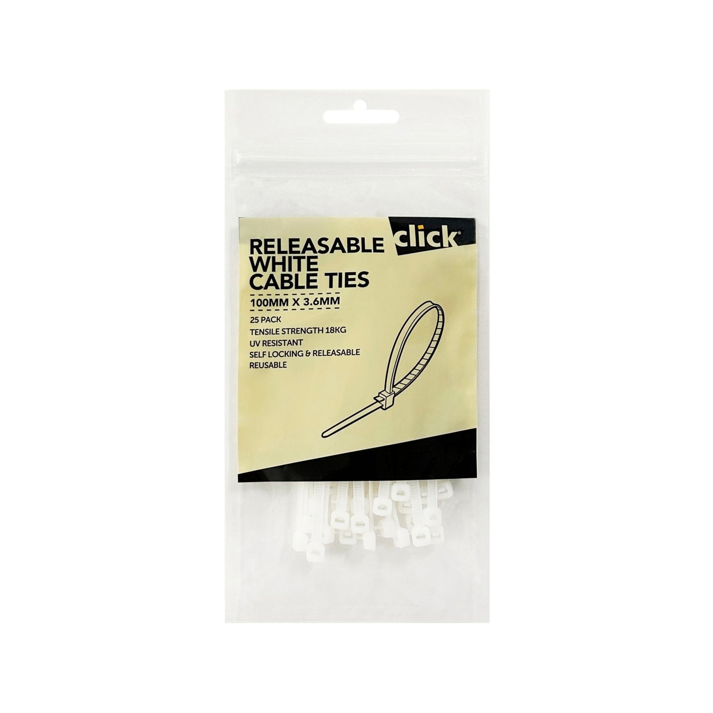 Click Releasable Cable Tie - 100mm - 25 Pack - White