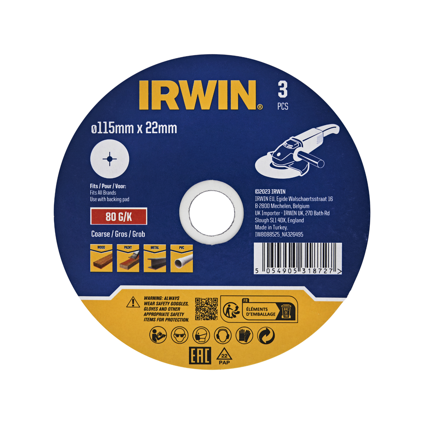 Irwin Fibre Disc - 115 x 22mm - 80 Grit - 3 Pack
