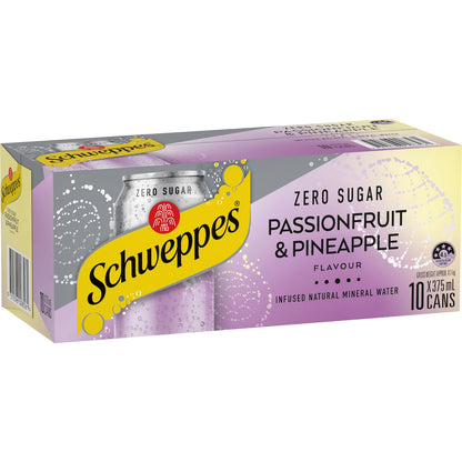 Schweppes Zero Sugar Passionfruit Pineapple Infused Water Cans 375mL x 10 pack