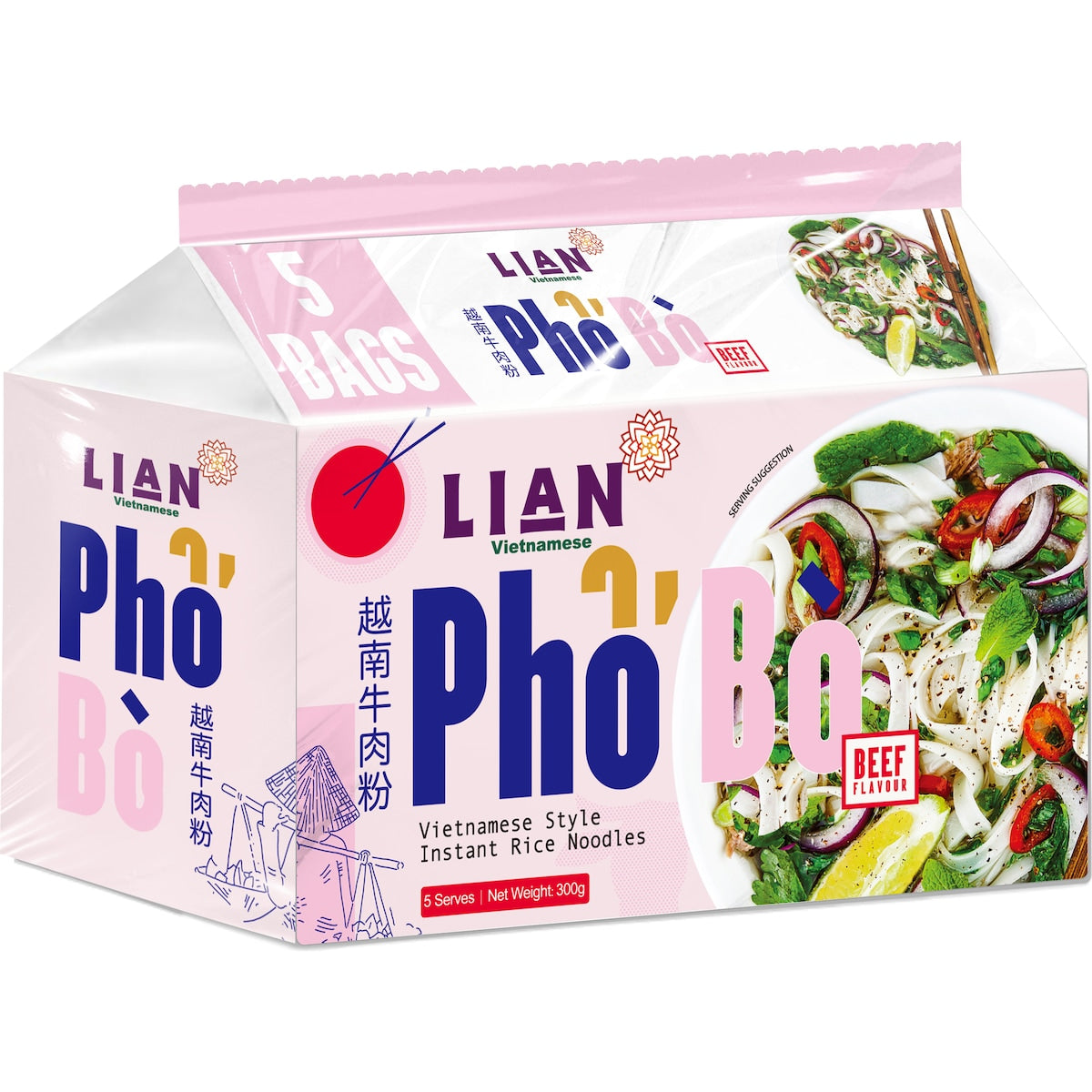 Lian Pho Bo Vietnamese Style Instant Rice Noodles Beef 60g X 5 Pack