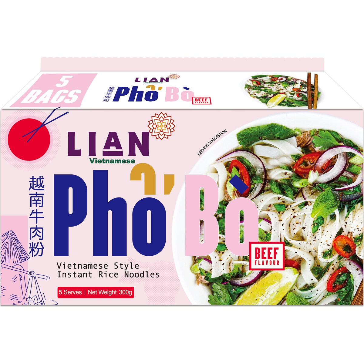 Lian Pho Bo Vietnamese Style Instant Rice Noodles Beef 60g X 5 Pack