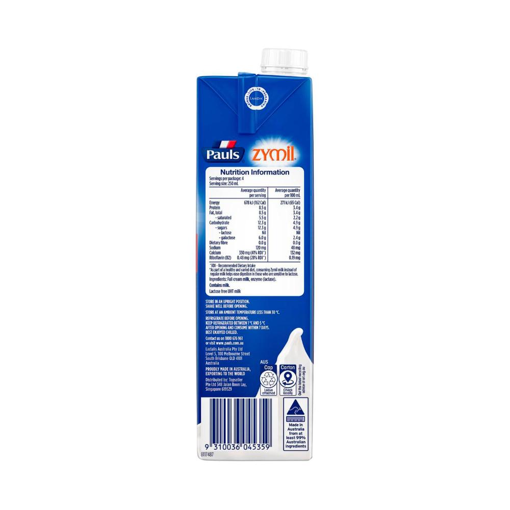 Pauls Zymil Full Cream Long Life Milk - 1L