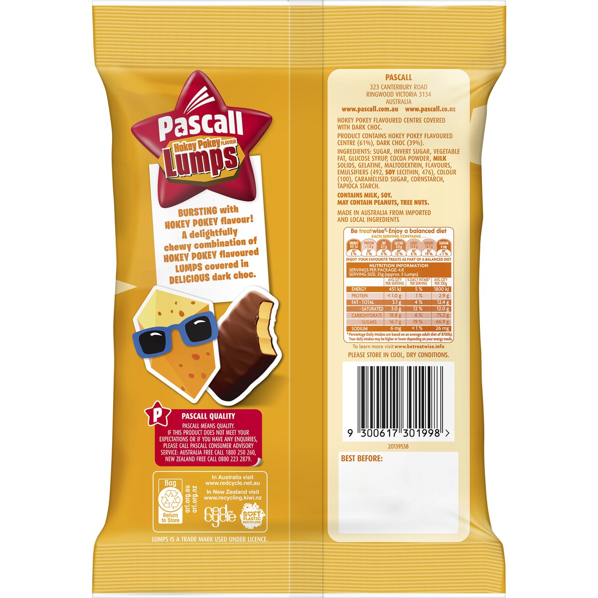 Pascall Chocolate Hokey Pokey Lumps Bites Snack & Share Bag 120g