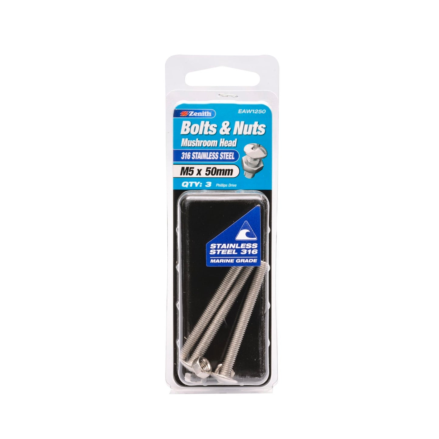 Zenith M5 x 50mm - Stainless Steel Mushroom Head Bolt & Nut - 3 Pack