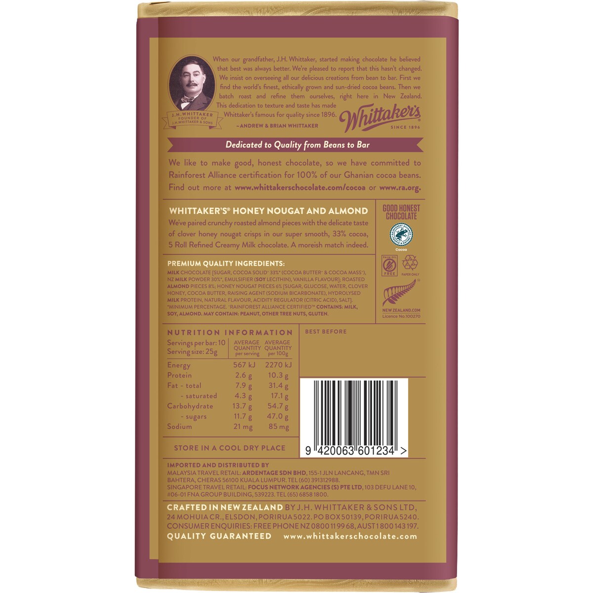 Whittakers Honey Nougat & Almond Creamy Milk Chocolate Bar 250g