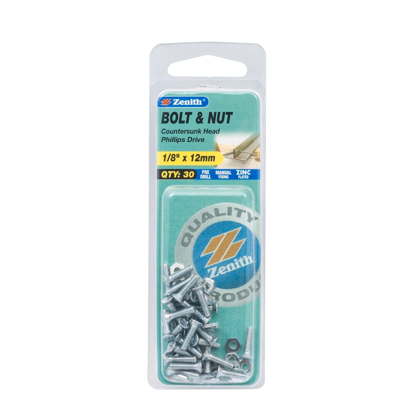 Zenith Countersunk Bolt & Nut - 1/8 x 12mm - 30 Pack