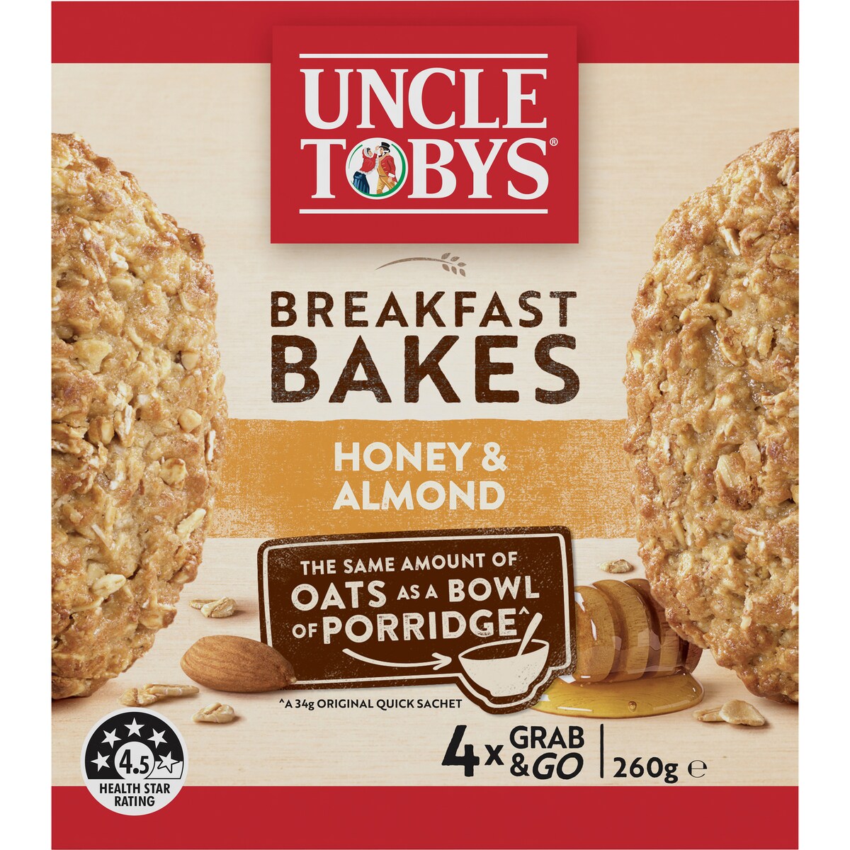 Uncle Tobys Oats Breakfast Bakes Cereal Bar Honey & Roasted Almond 260g