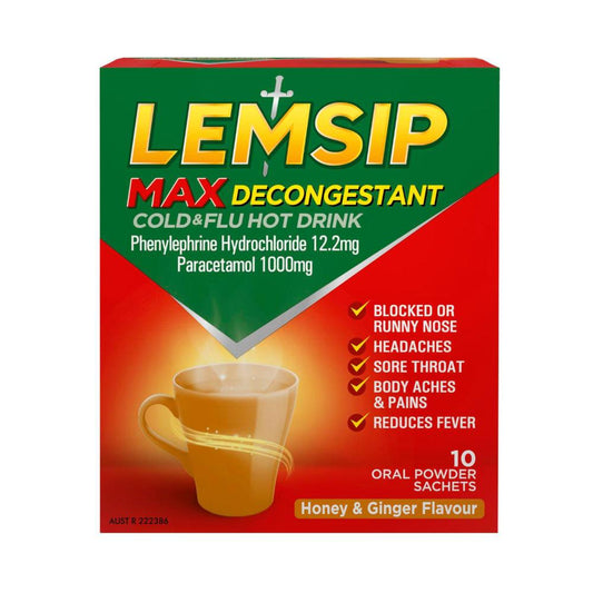 Lemsip Max Decongestant Cold & Flu Hot Drink Honey & Ginger Sachets - 10 pack
