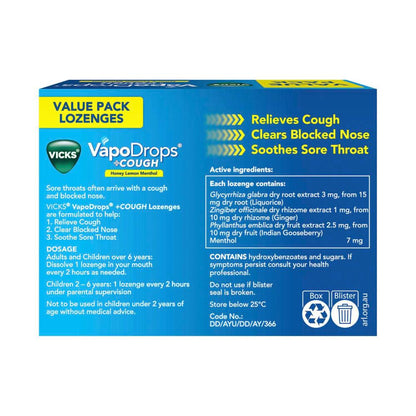 Vicks Vapodrops + Cough Honey Lemon Menthol Lozenges - 36 pack