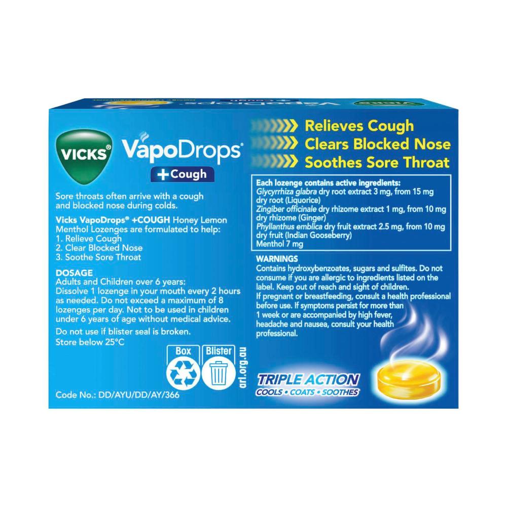 Vicks Vapodrops + Cough Honey Lemon Menthol Lozenges - 36 pack