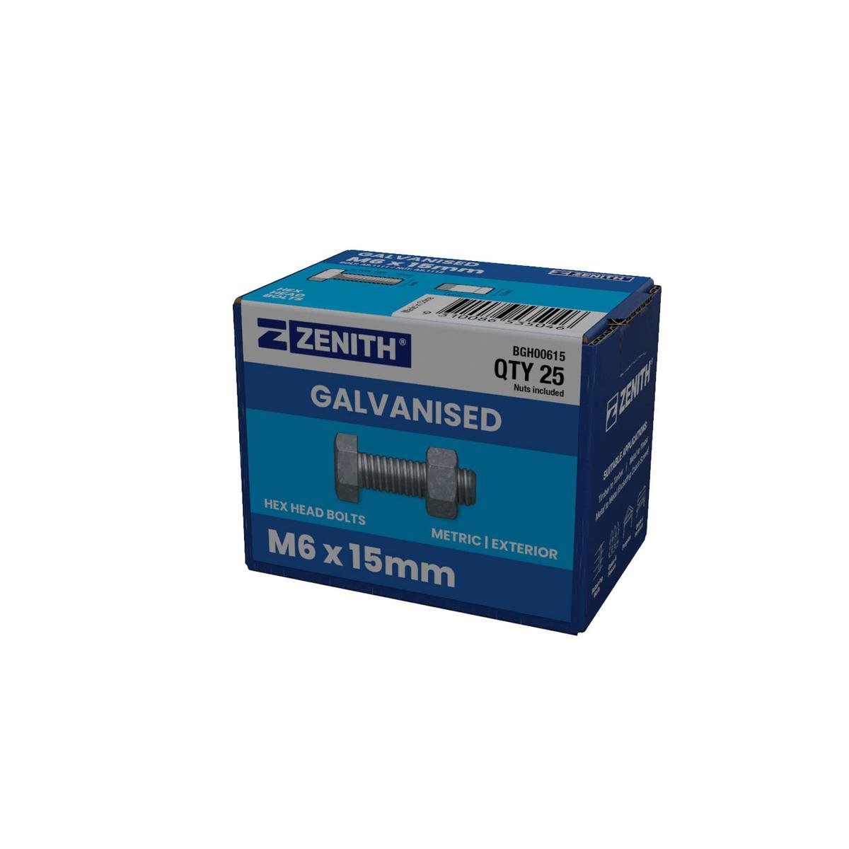 Zenith M6 Hot Dip Galvanised Hex Head Bolts and Nuts 25 Pack - 15mm - Rust Resistant