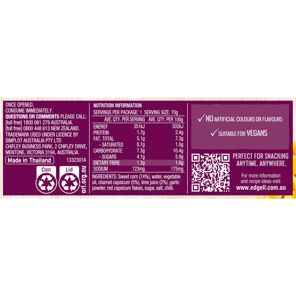 Edgell Snack Time Sweet Corn Salad Topper with Capsicum & Lime 70g