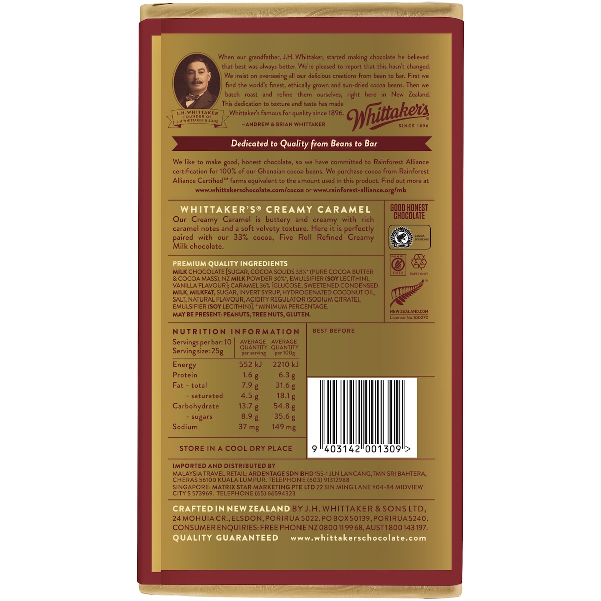Whittakers Block Creamy Caramel 33% Cocoa 250g