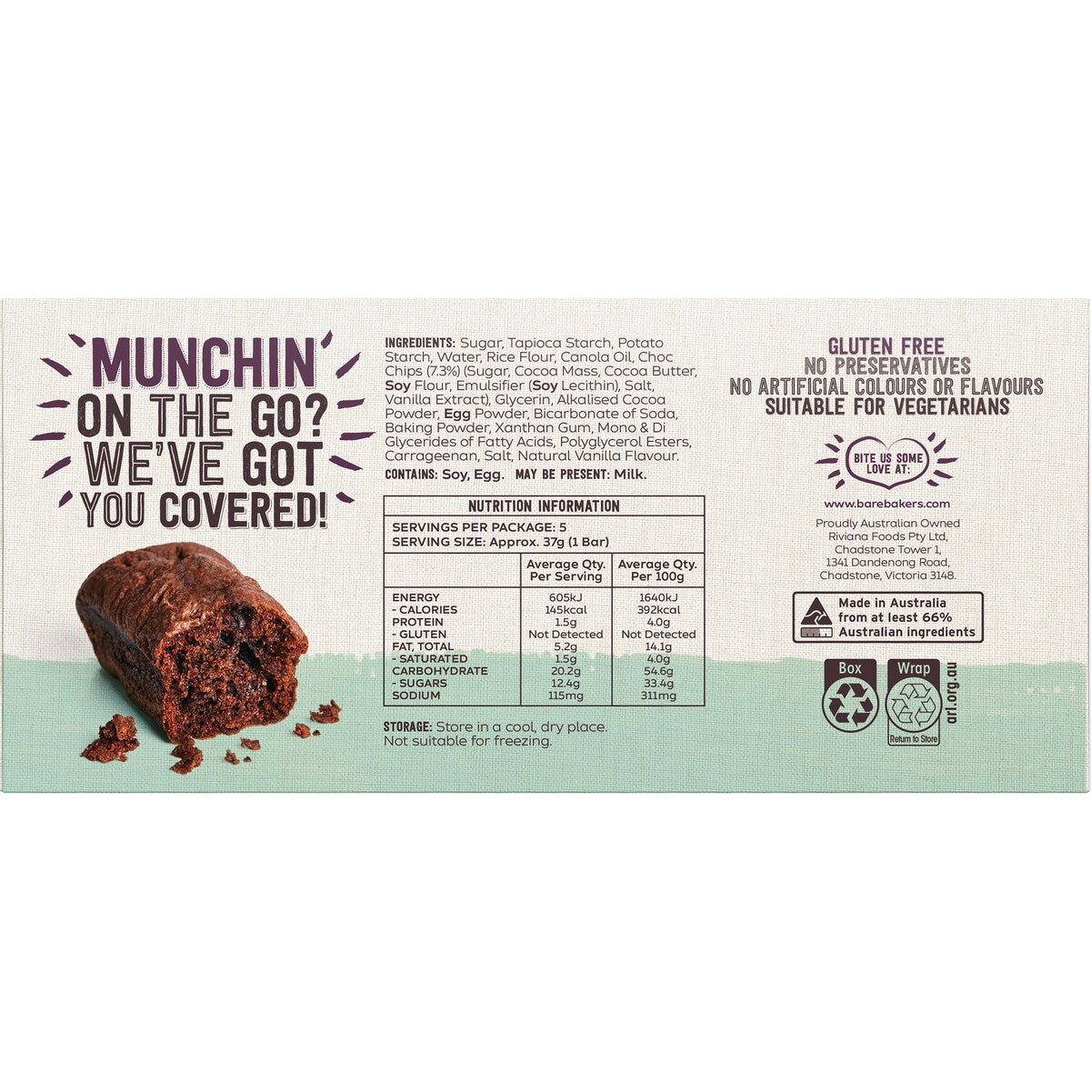 Bare Bakers Gluten Free Double Chocolate Muffin Bar 5 Pack
