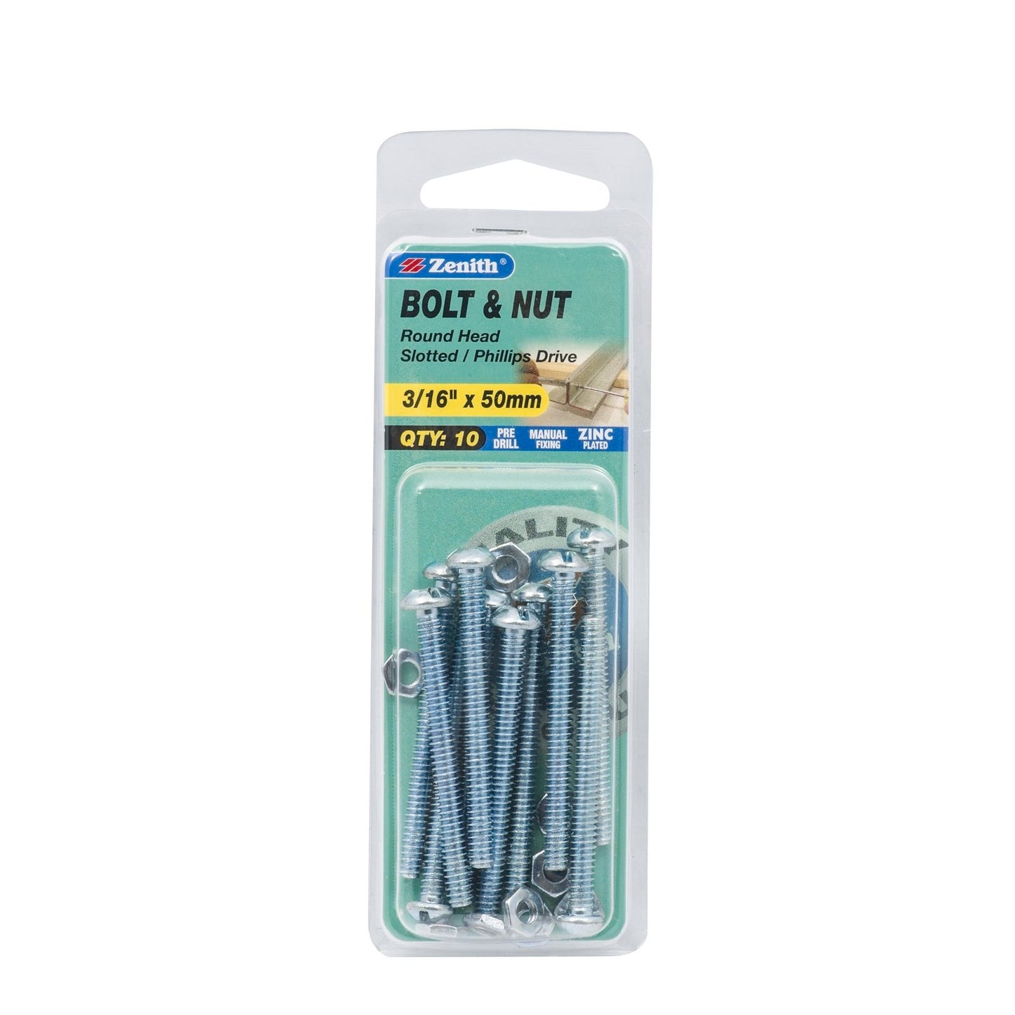 Zenith Round Head Bolt & Nut - 3/16 x 50mm - 10 Pack