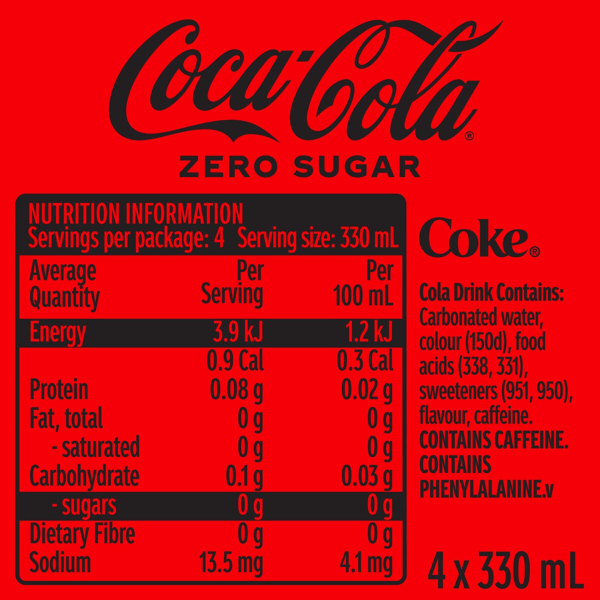 Coca - Cola Zero Sugar Glass Bottle 330ml X 4 Pack