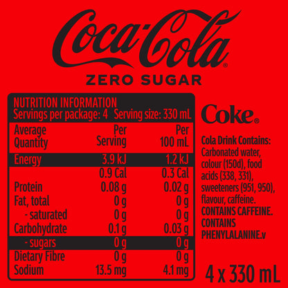 Coca - Cola Zero Sugar Glass Bottle 330ml X 4 Pack