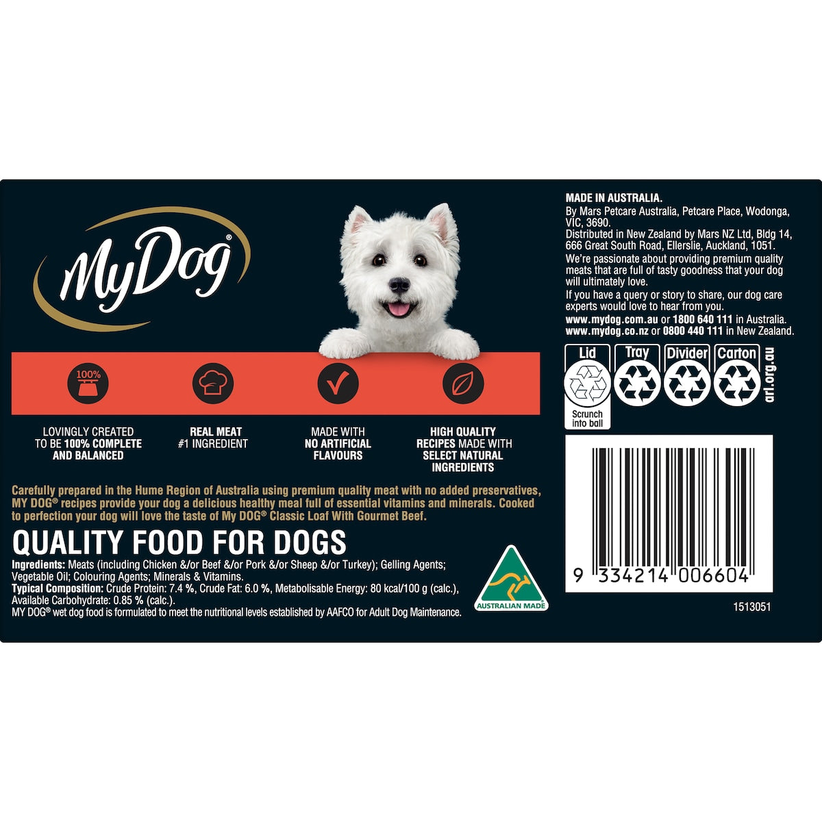 My Dog Adult Classic Loaf Gourmet Beef Wet Food Trays 100g X 6 Pack