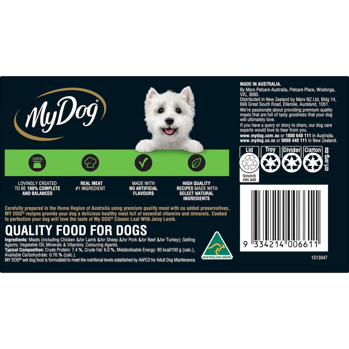 My Dog Adult Classic Loaf Juicy Lamb Wet Food Trays 100g X 6 Pack