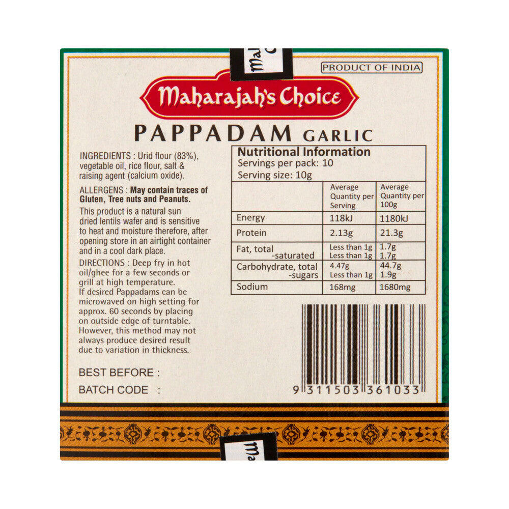 Maharajahs Choice Garlic Pappadams | 100g