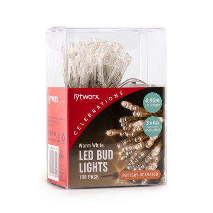 Lytworx Warm White LED Bud Lights 100 Pack 4.95m Battery Operated