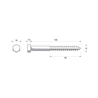 Zenith Hot Dip Galvanised Hex Head Coach Screws - M12 x 130mm - 12 Pack