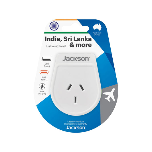 Jackson Outbound Slim USB A and C Travel Adaptor - India, Sri Lanka