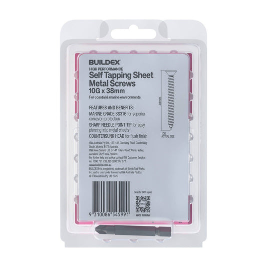 Buildex Self Tapping Sheet Metal Screws - 10g x 38mm - SS316 - 50 Pack