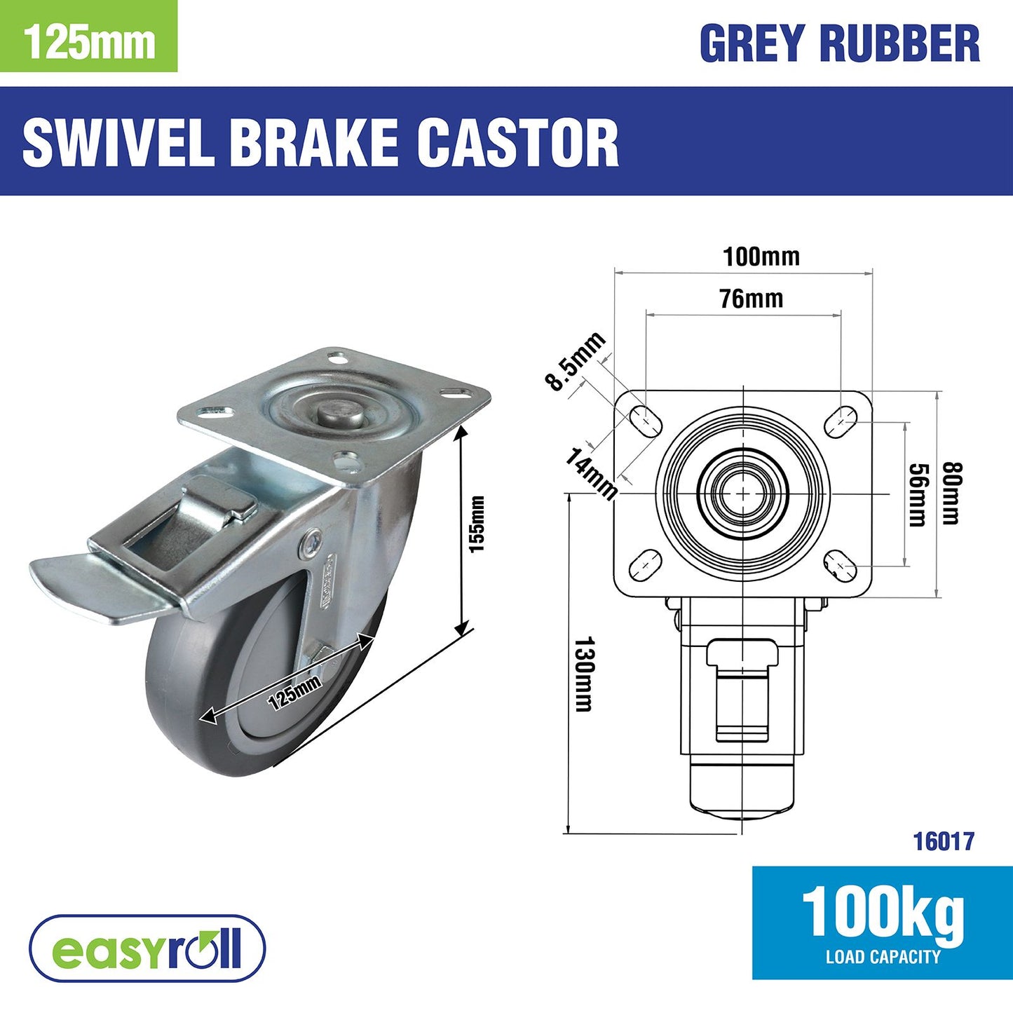 Easyroll Swivel Brake Castor - 125mm
