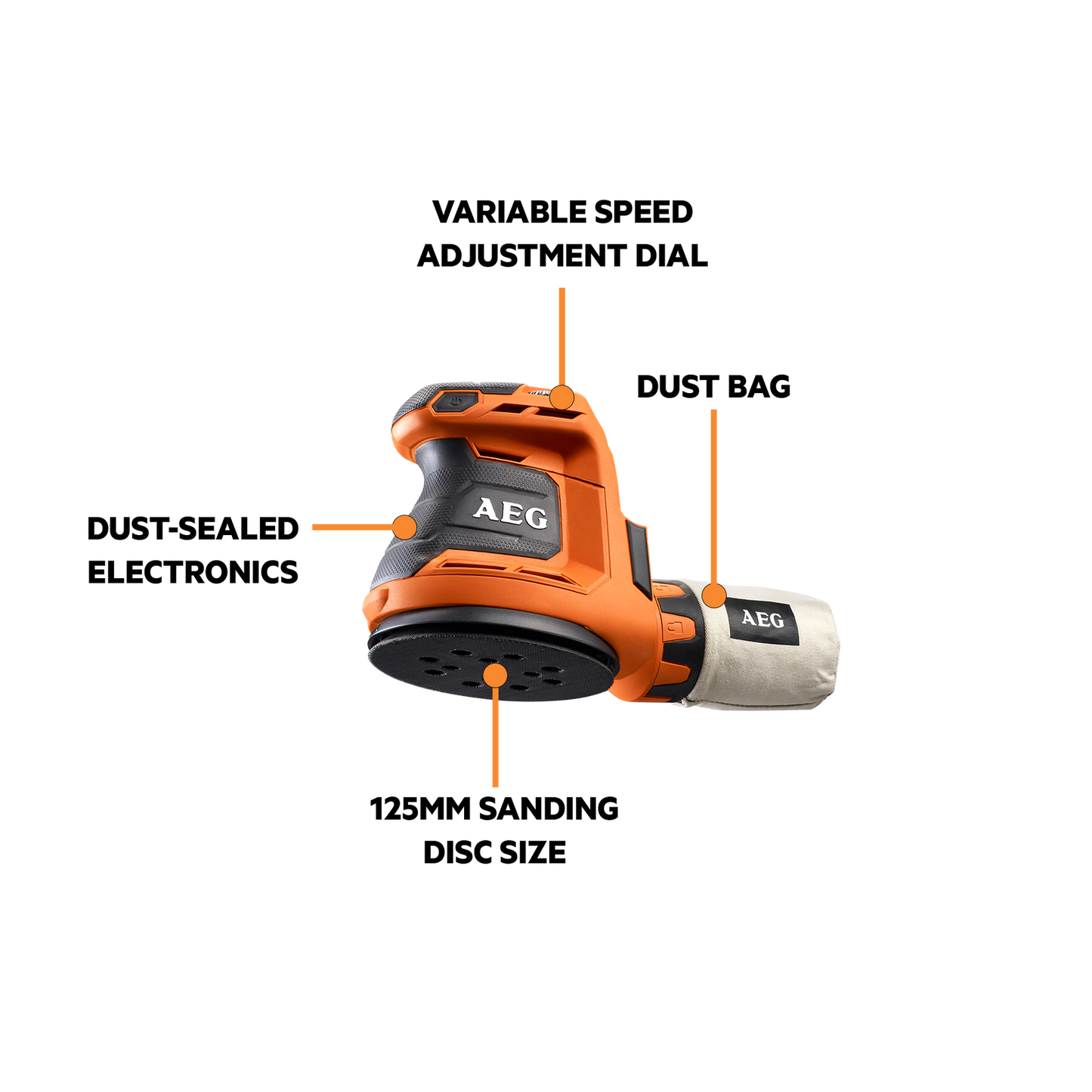 AEG Random Orbital Sander - 18V - 125mm - Skin Only