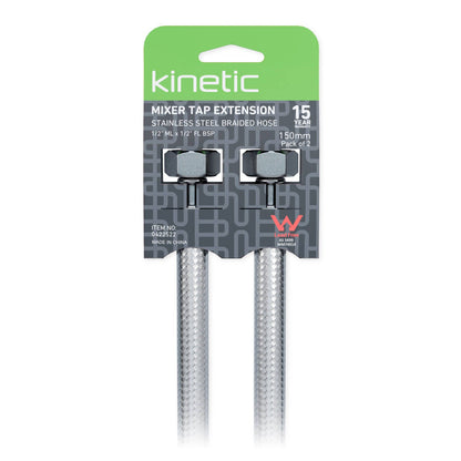 Kinetic 150mm Stainless Steel Flexible Braided Hose Mixer Tap Extension - 2 Pack