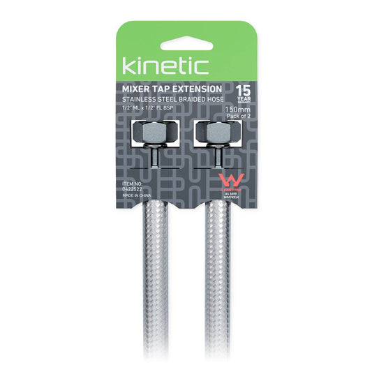 Kinetic 150mm Stainless Steel Flexible Braided Hose Mixer Tap Extension - 2 Pack
