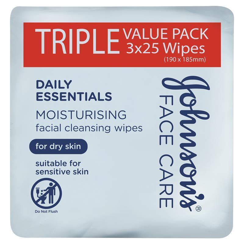 Johnson's Face Care Moisturising Facial Cleansing Wipes For Dry Skin 3 x 25 Pack