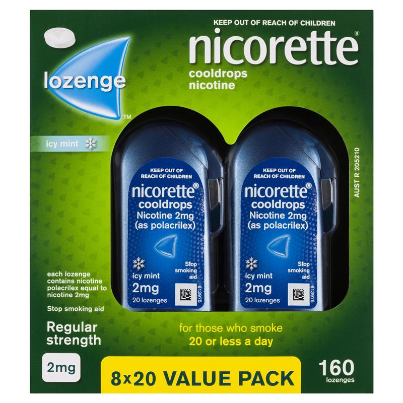 Nicorette Quit Smoking Regular Strength Cooldrops Nicotine Lozenge Icy Mint - 8 x 20 Pack