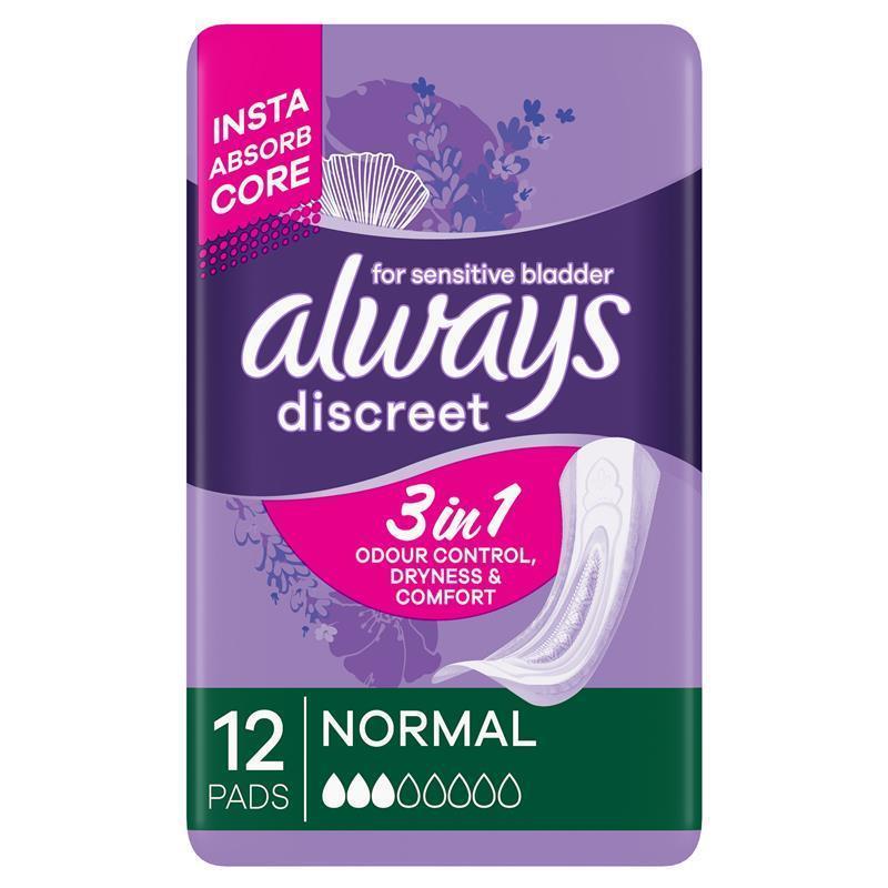 Always Discreet Level 3 Incontinence Pads 12 Pack for Bladder Leaks