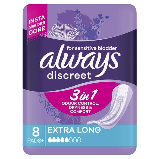 Always Discreet Level 5 Long Incontinence Pads, 8-Pads for Bladder Leaks
