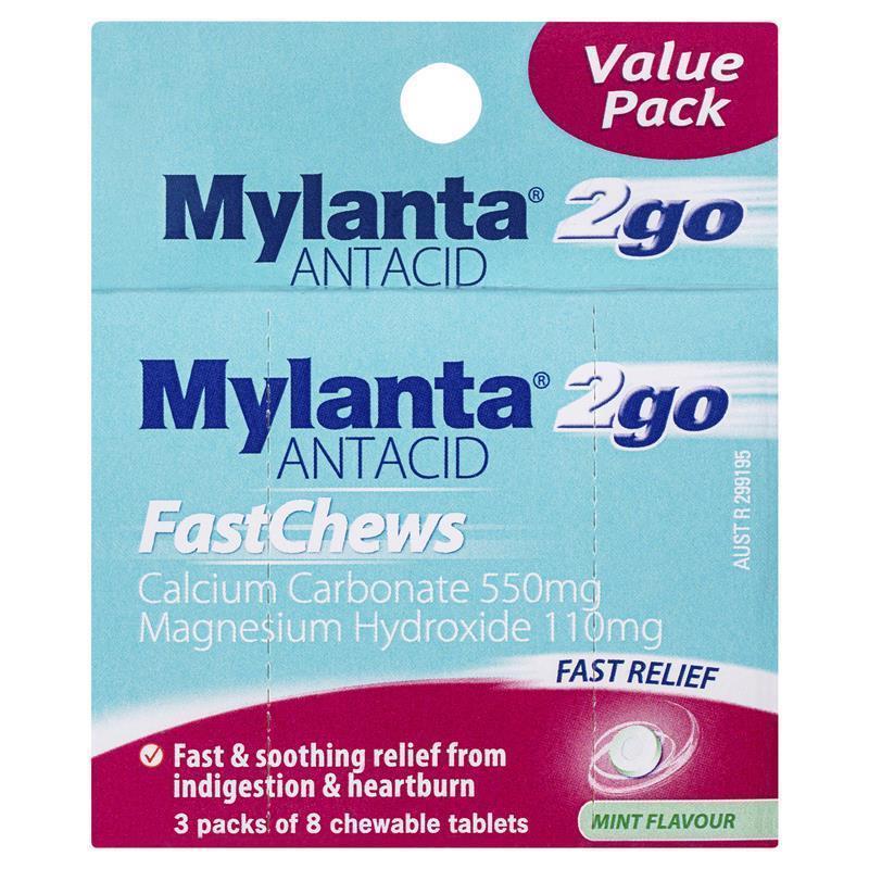Mylanta 2Go Antacid FastChews Tablets Mint - 3 x 8 Pack