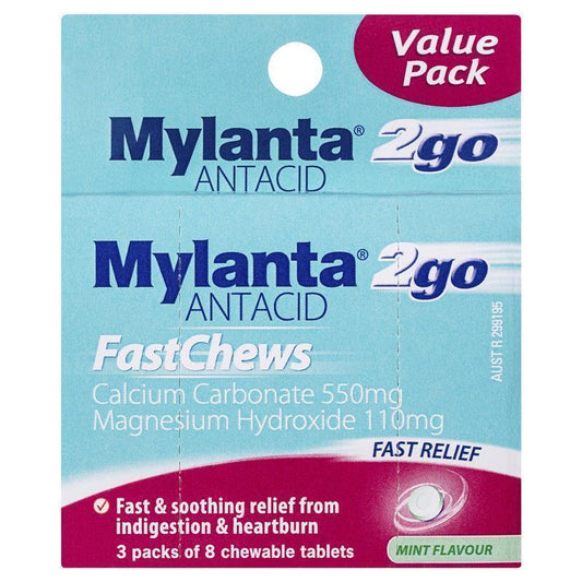 Mylanta 2Go Antacid FastChews Tablets Mint - 3 x 8 Pack