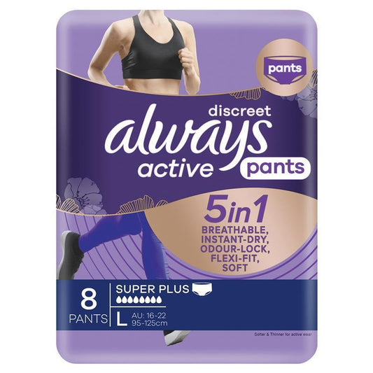 Always Discreet Active Adult Incontinence Pants Large - 8 Pants, 5-in-1 Protection