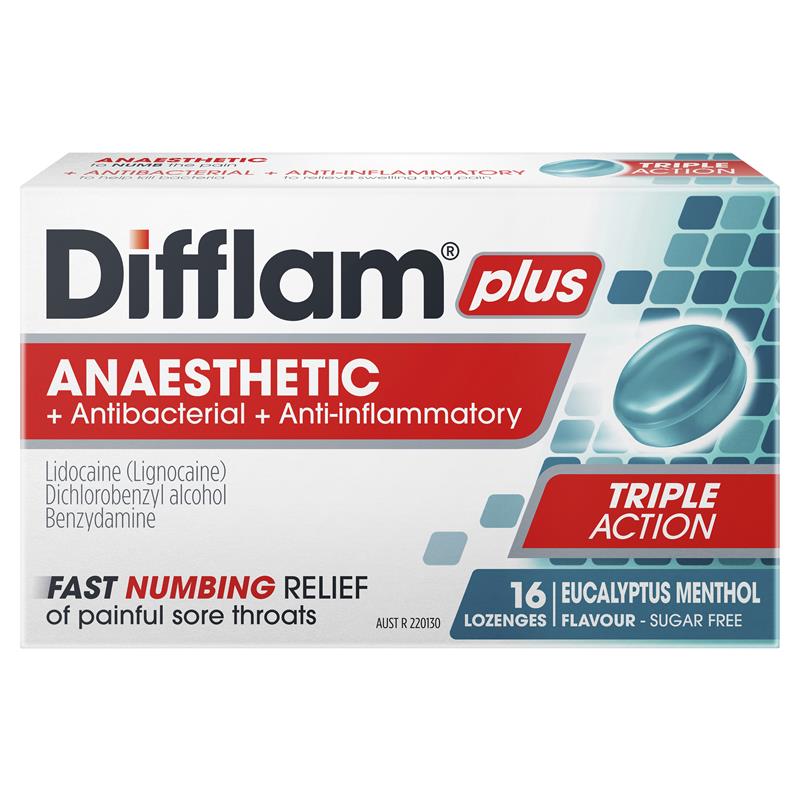 Difflam Plus Anaesthetic Sugar Free Eucalyptus Menthol Lozenges - 16 Count