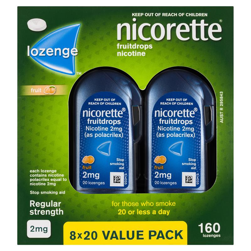 Nicorette Quit Smoking Regular Strength Nicotine Lozenge Fruitdrops - 8 x 20 Pack