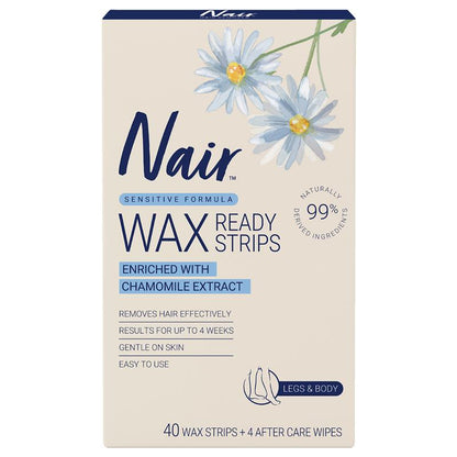 Nair Sensitive Formula Wax Ready Strips Chamomile Extract Legs & Body 40 Pack