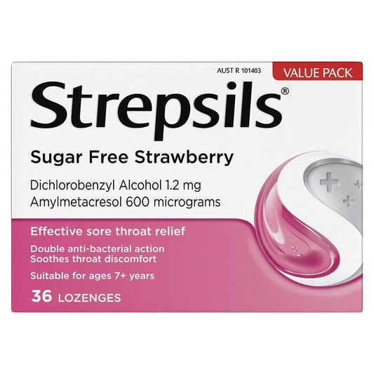Strepsils Sugar Free Strawberry 36 Lozenges - Antibacterial Sore Throat Relief