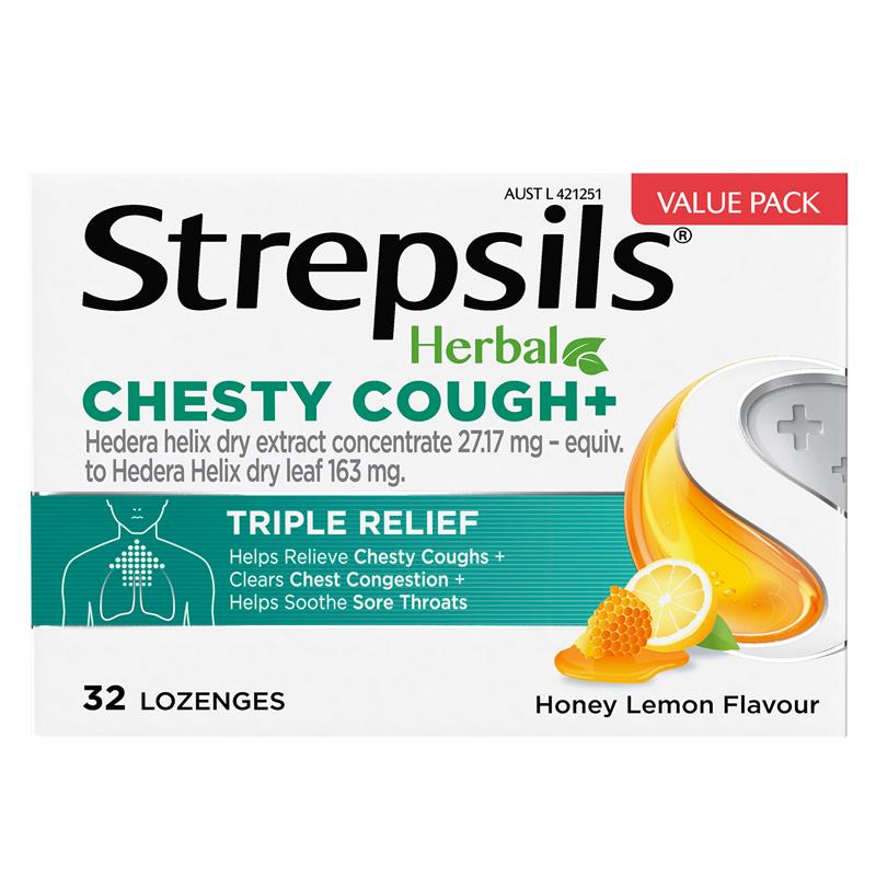 Strepsils Herbal Chesty Cough+ Lozenges Honey Lemon 32 Pack - Effective Cough Relief